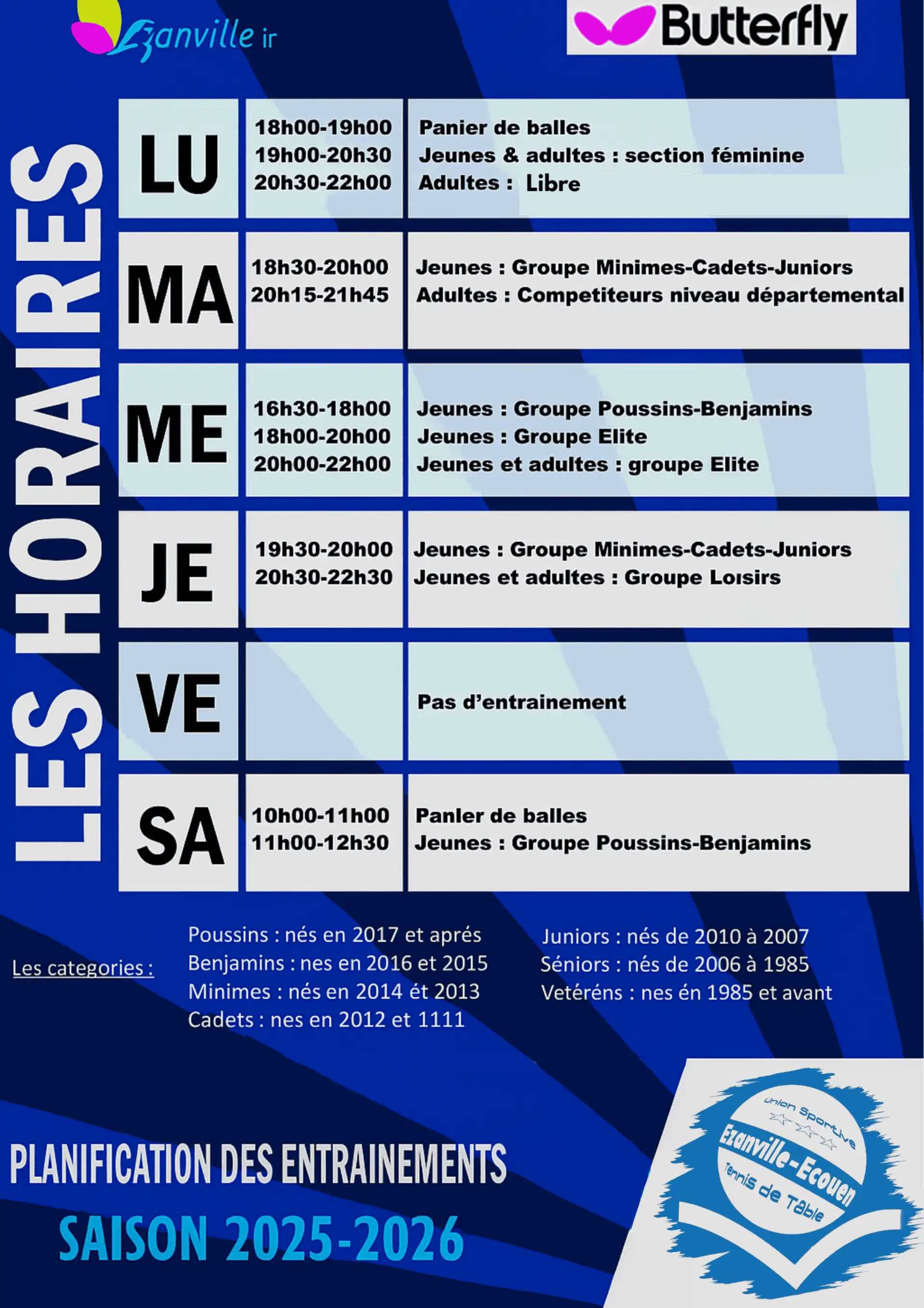 Calendrier des horaires