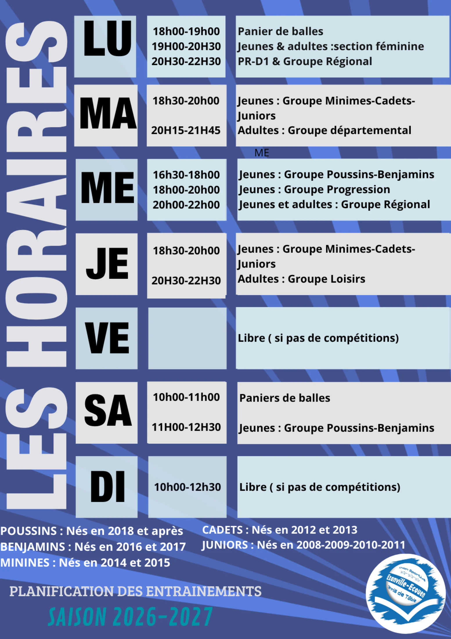 Calendrier des horaires